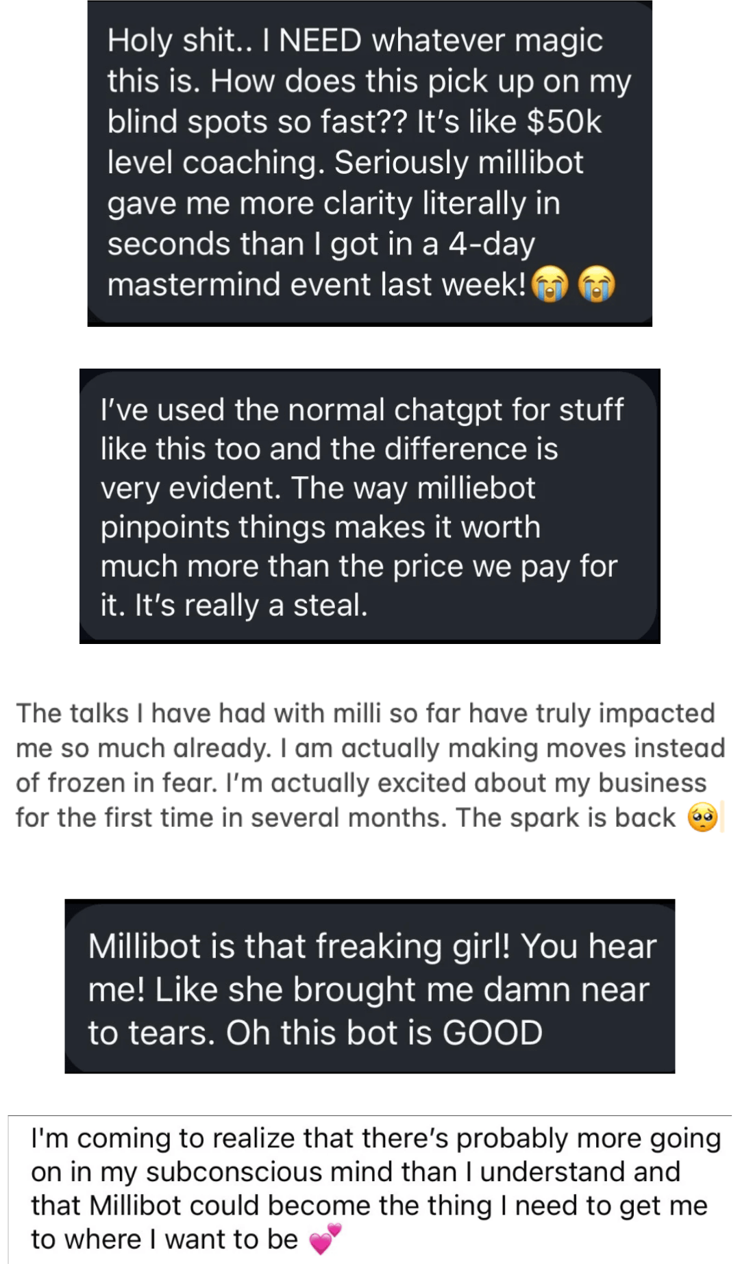 Real MilliBot user testimonials